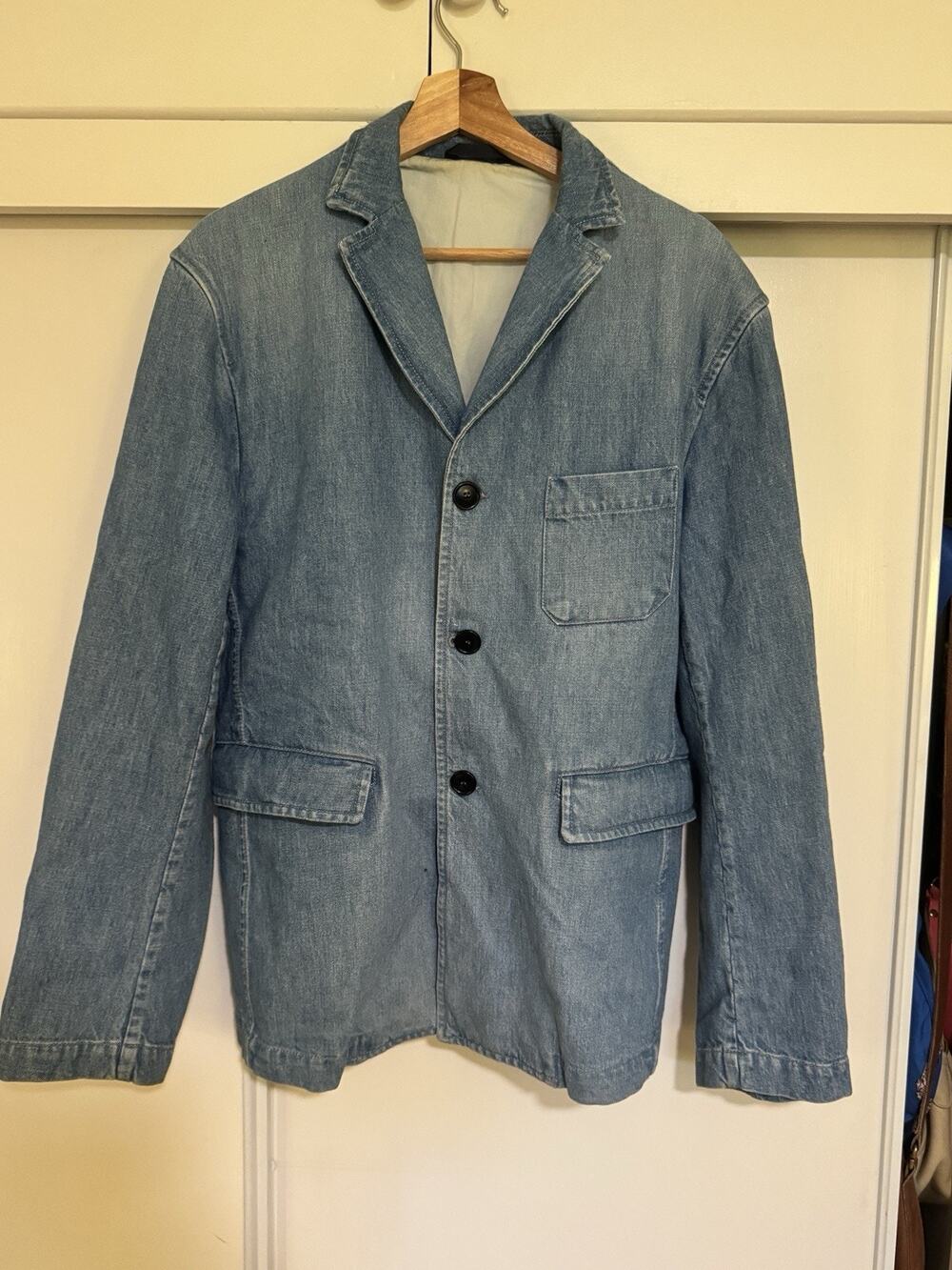 Vintage Kenzo Homme Denim Work Jacket Blazer Partial Lining Blue Cotton Sz XL